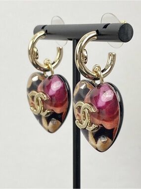 CHANEL Gold-Tone Hoop Earrings with Pink and Black Heart Drops